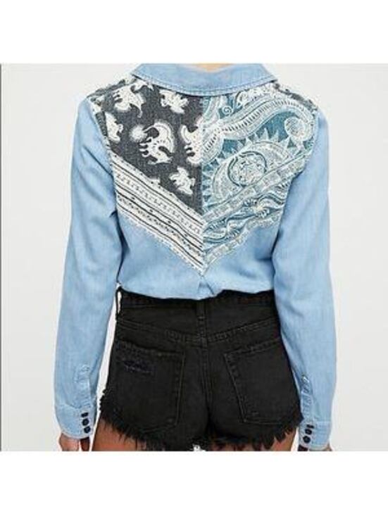 Free People Tops - Free People  XS Blue Denim Western Paisley Button-Up Shirt Pockets